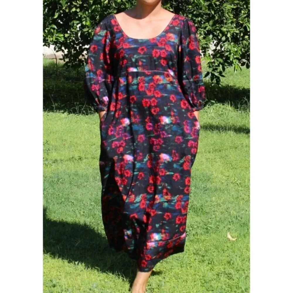 RACHEL COMEY RED FLORAL MAXI DRESS PUFF SLEEVE SIZE 6/M POCKETS PRAIRIE PEASANT